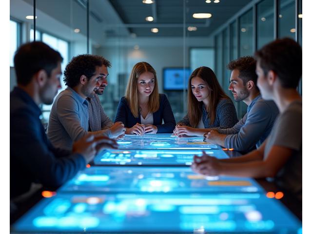 Diverse group of people collaborating around a futuristic conference table, symbolizing global industry partnerships and positive social impact through technology.