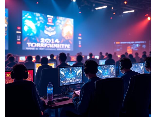 A vibrant eSports festival scene in a Manchester venue, with gamers competing and a large screen displaying gameplay.