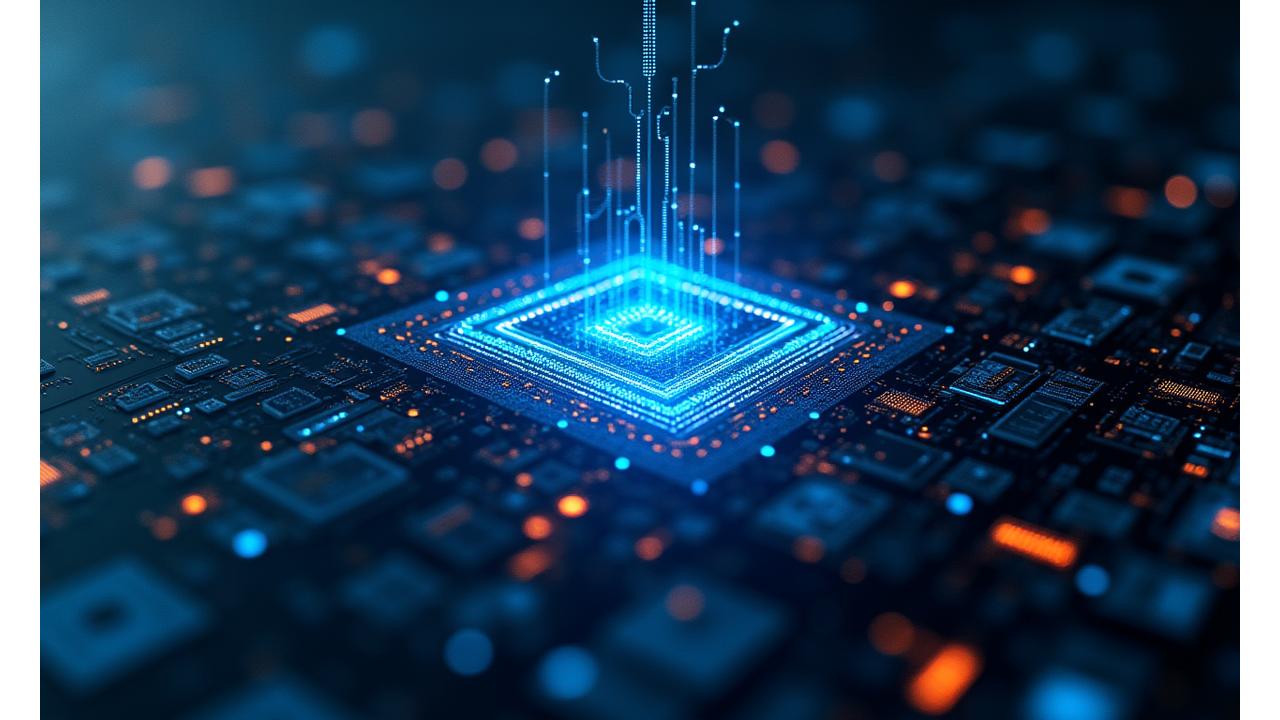 A collage of abstract technological progress: microscopic circuit details, data streams, and a subtle glowing Albion Core logo woven throughout.
