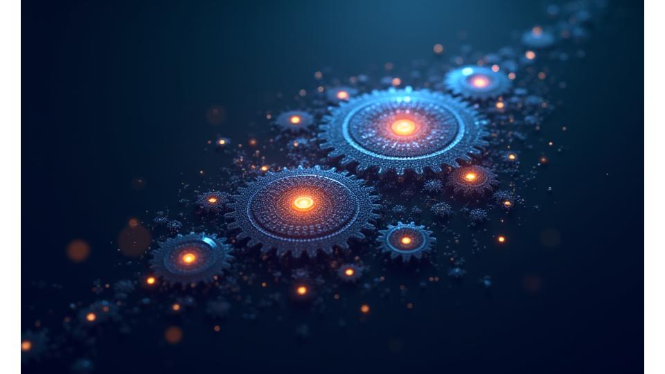 Abstract representation of intertwined gears and light streams, symbolizing collaboration, innovation, and futuristic vision.