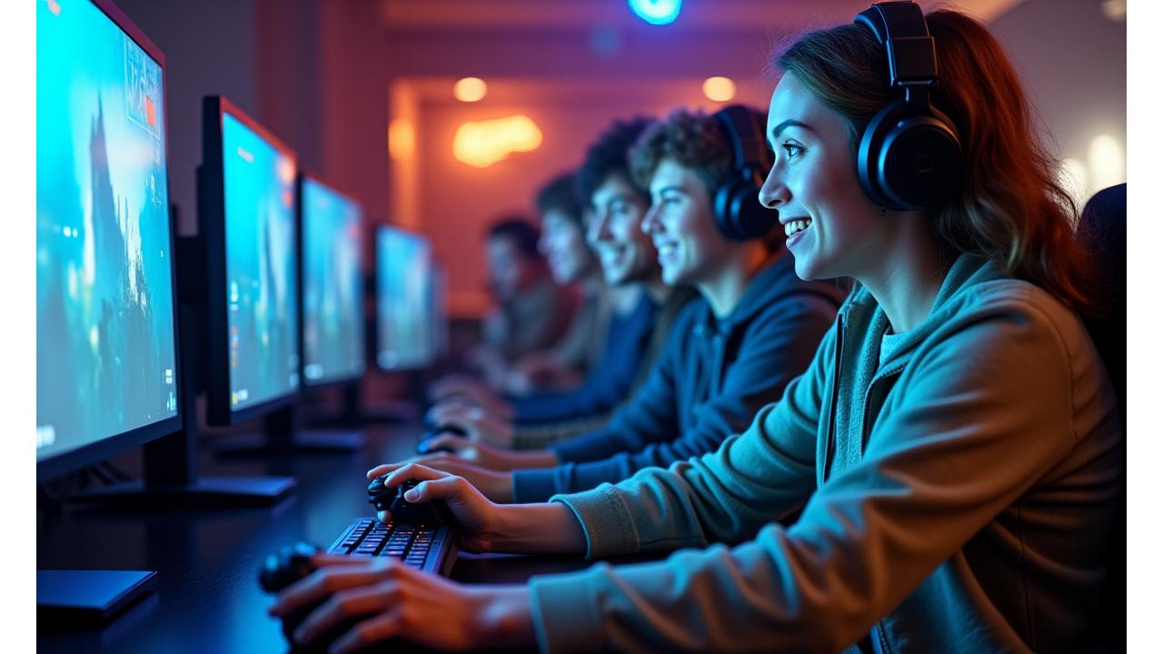 Close-up of a diverse group of gamers, some with adaptive controllers, laughing and playing together in a modern, well-lit gaming space, showcasing inclusivity.