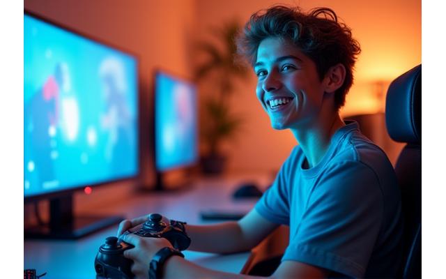 A happy gamer with a prosthetic arm confidently playing on a console using a customized adaptive controller, fully engaged in the game.