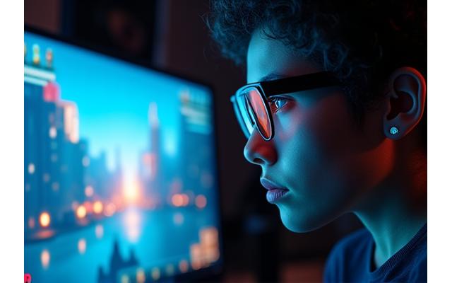 Gamer wearing a discreet eye-tracking device, focused on a monitor displaying a game. Screen shows a subtle eye-gaze cursor.