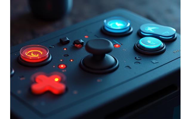 Various large, colorful switch buttons connected to a central gaming interface hub, demonstrating simple press functionality.