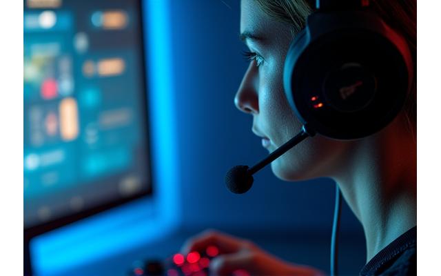 A microphone headset near a gaming setup, with a voice interface overlay on the screen indicating speech commands being processed for game actions.