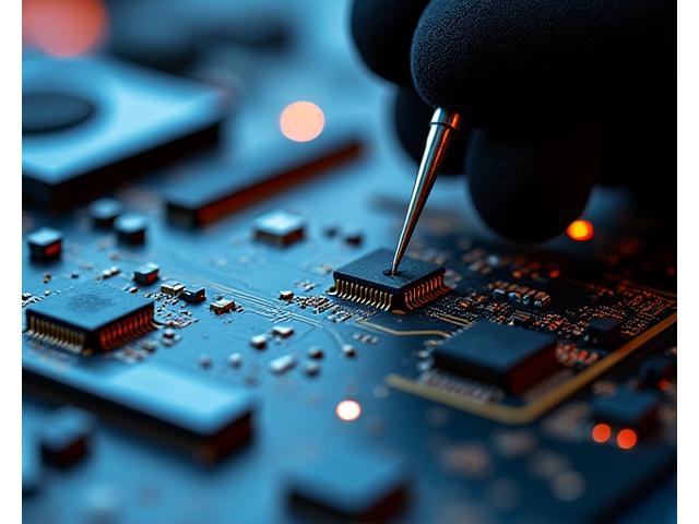 Close-up of a disassembled gaming console motherboard with a technician's tools.
