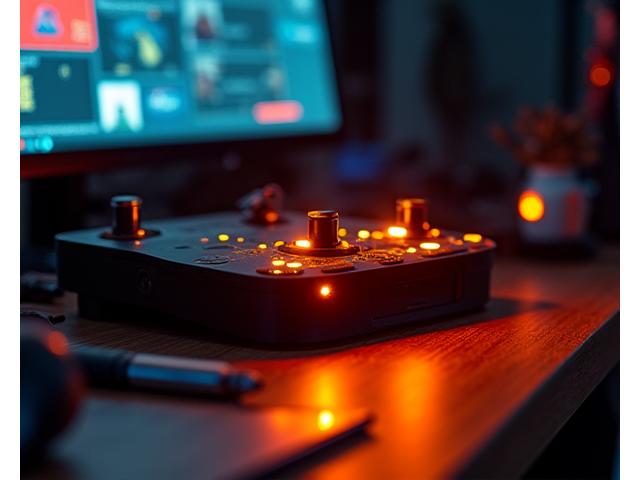 Urgent, close-up shot of a gaming console with glowing lights on a workbench, implying an emergency repair scenario.