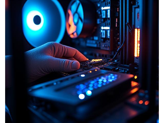 A high-performance gaming PC tower with open side panel, showing internal components being serviced.