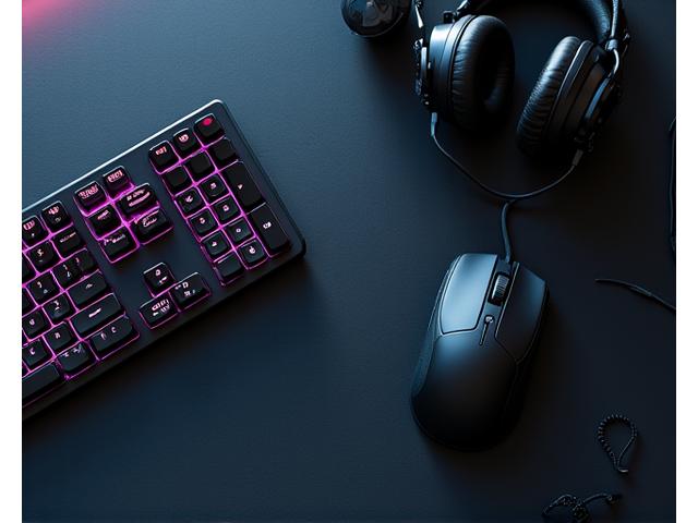 Assortment of gaming peripherals on a clean surface: a high-end mouse, mechanical keyboard, and wireless headset.