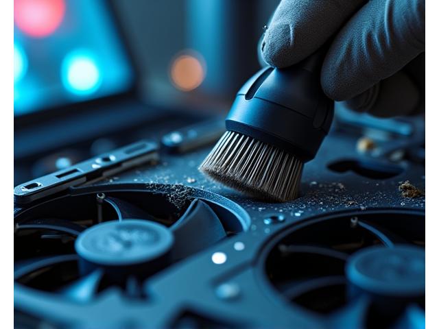 Technician's hand cleaning dust from a gaming console's cooling fan using compressed air.