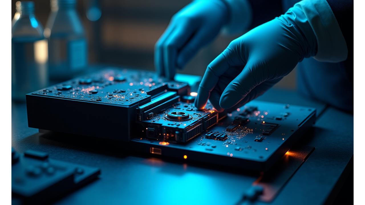 Albion Core technician meticulously repairing a gaming console on a futuristic workbench.