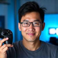 Professional photo of David, a peripherals specialist, demonstrating a repaired gaming controller.