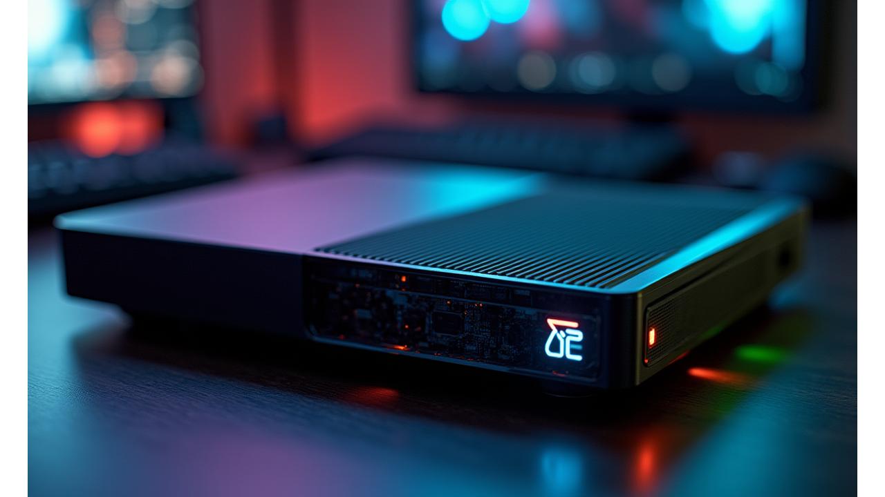 A sleek, custom-designed gaming console with futuristic RGB lighting, showcasing high-performance components and a unique aesthetic.