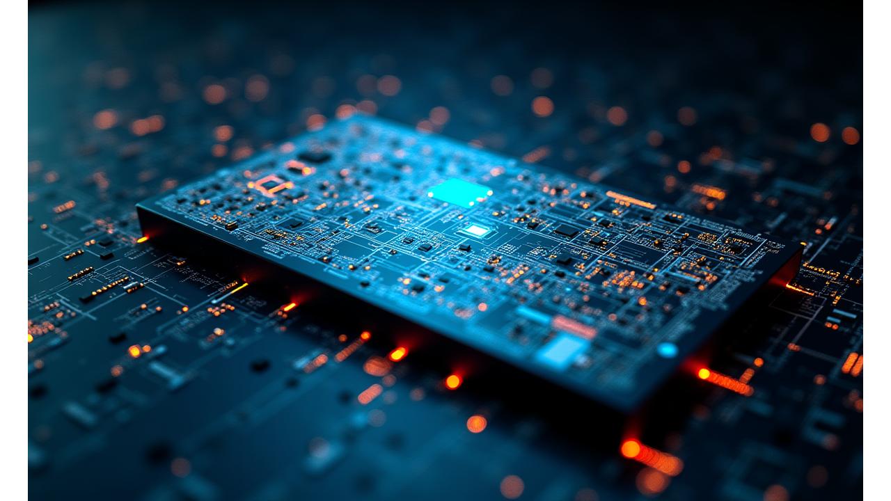 Dramatically lit schematic drawing of a computer console and processor components and a glowing circuit board.