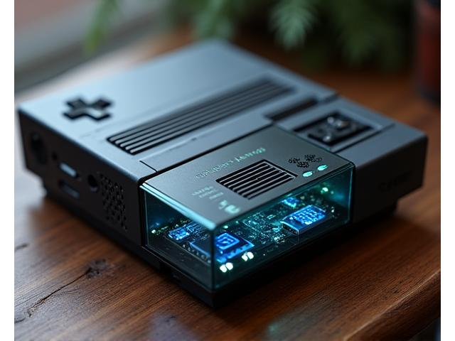 Vintage-inspired gaming console with modern internal components visible through a partially transparent, dark-tinted case, contrasting old and new.