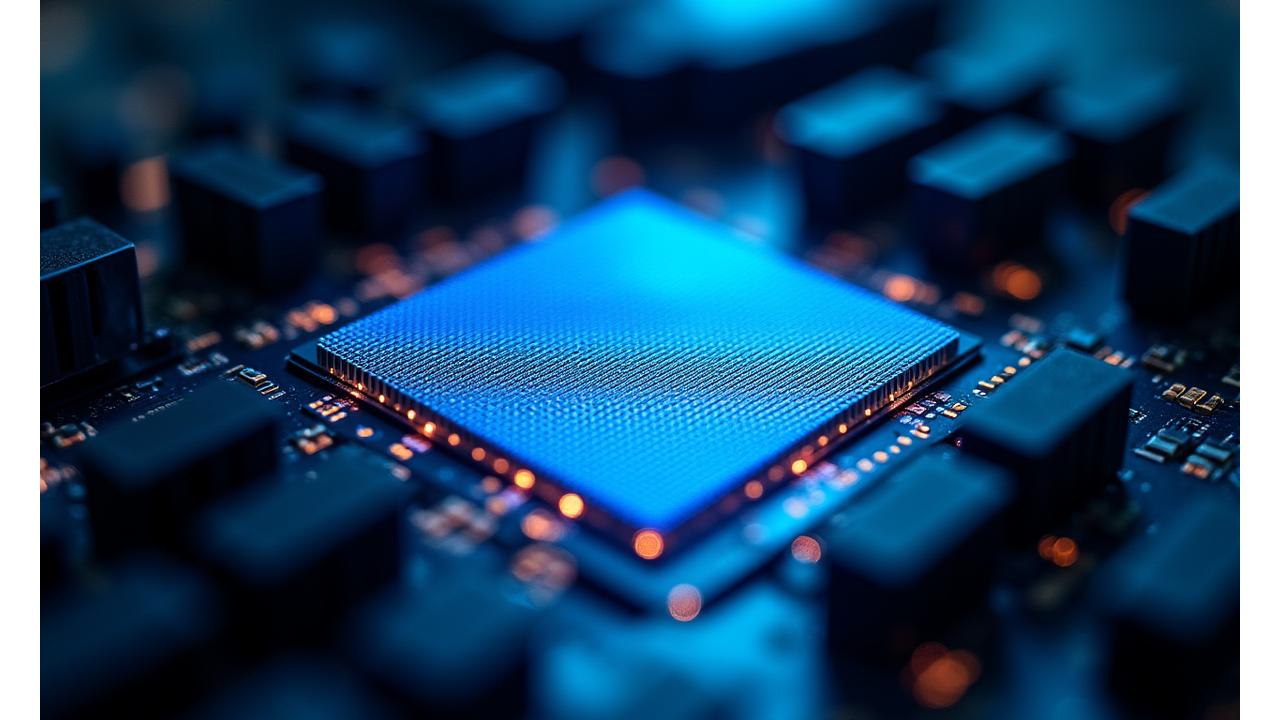 Close-up view of a high-performance computer processor with intricate circuitry illuminated by a vibrant blue light, suggesting advanced technology and power.