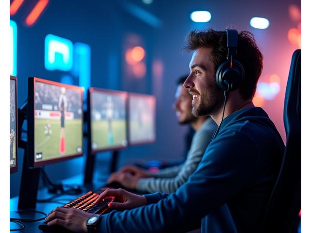 Esports casters at a desk with multiple monitors broadcasting a live game