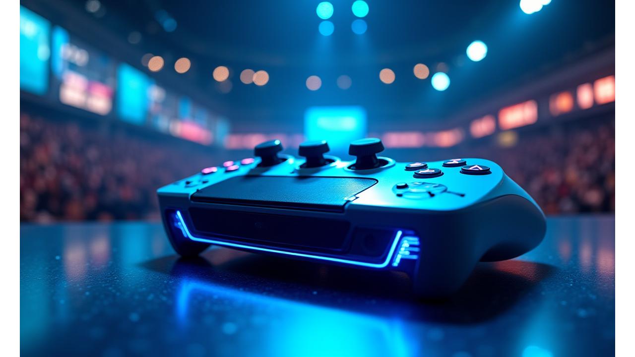 Albion Core custom built gaming console with neon blue lighting in a sleek esports arena