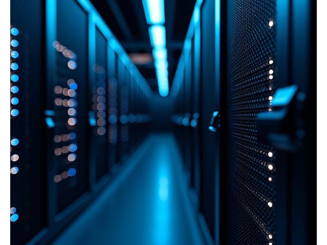 Advanced network server racks with blinking lights in a data center