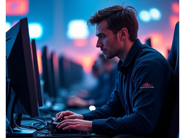 Technician fixing a gaming console at an esports event with players in background