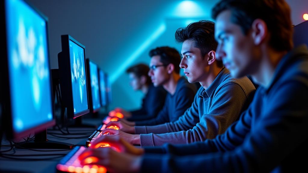 Group of esports players intensely practicing in a high-tech training room