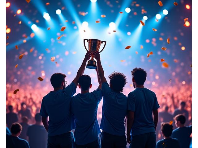 Esports team Vanguard celebrating on stage after winning a tournament, holding a trophy