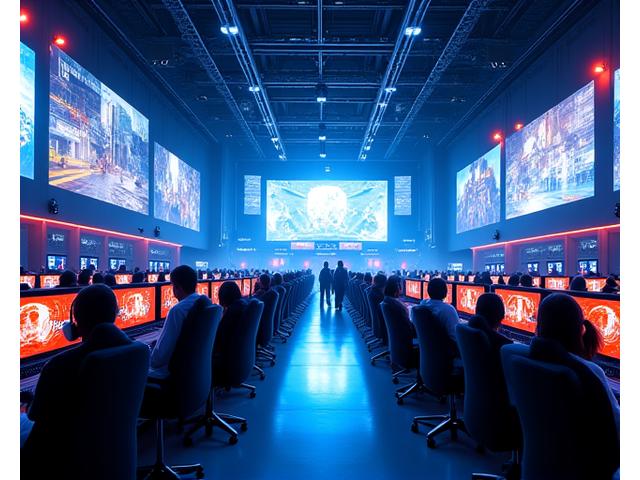 Interior of a modern esports arena called Velocity Gaming Arena, bustling with gamers and spectators