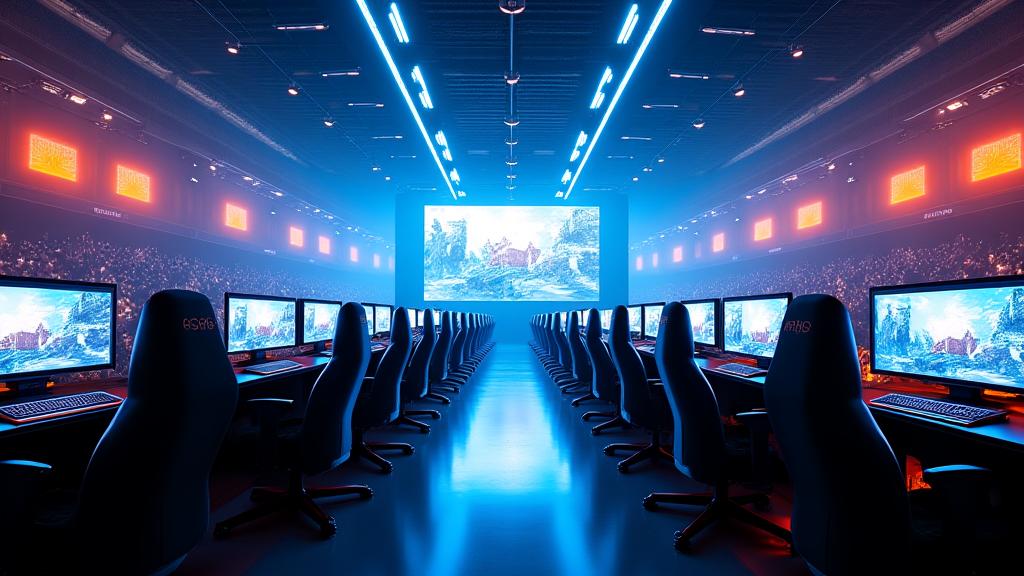 Modern esports arena with multiple gaming stations and large screens