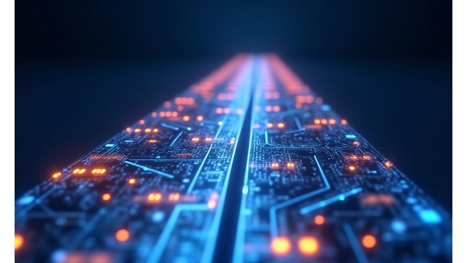 Dynamic timeline visualization with glowing nodes representing future tech milestones, set against a dark, futuristic background.