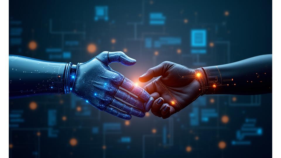 Stylized abstract handshake between robotic and human hands, symbolizing technology and human collaboration against a backdrop of glowing data lines.
