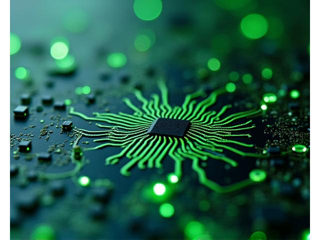 Green circuit board with leafy patterns and glowing eco-friendly symbols, depicting sustainable tech.