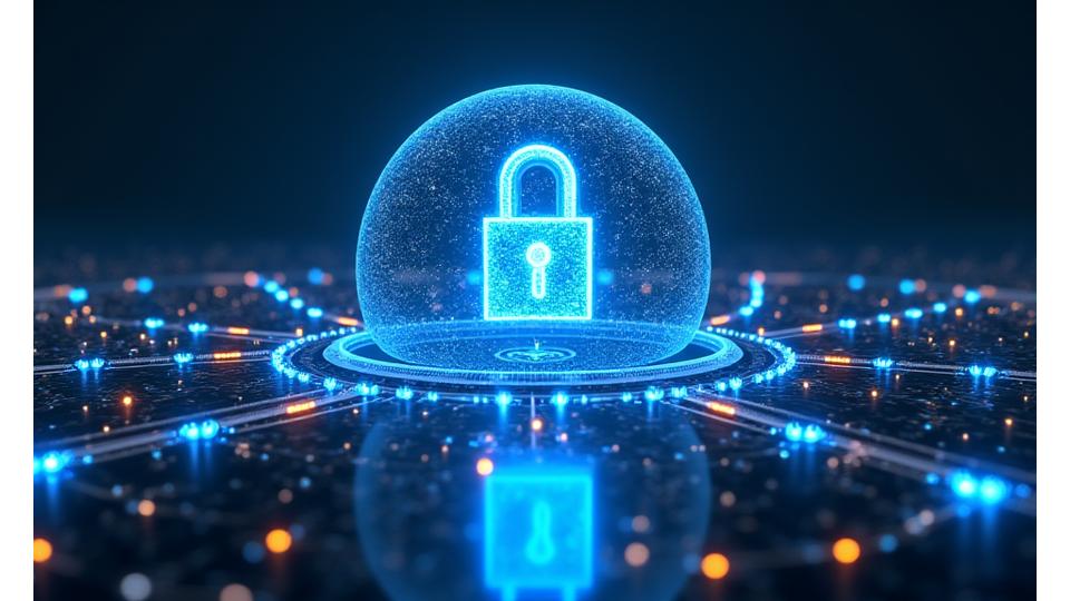 Interconnected glowing data nodes secured by a holographic padlock, symbolizing advanced digital security measures