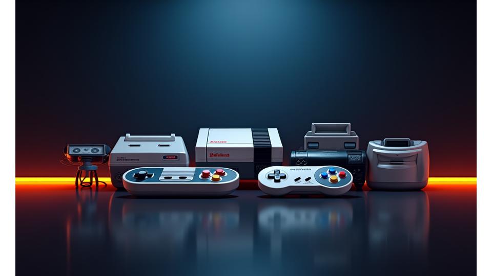 A neatly arranged collection of iconic retro gaming consoles including Atari 2600, NES, SNES, Sega Genesis, and PlayStation 1, all in pristine condition, ready for display.
