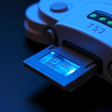 A compact, modern flash memory cartridge adapter inserted into a retro console slot, contrasting old and new technology meeting for improved game loading times.