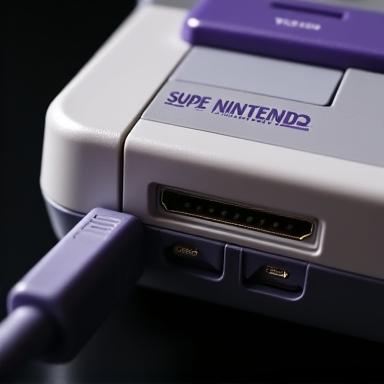 A close-up highly detailed shot of a custom HDMI output modification integrated seamlessly into the back of a classic Super Nintendo Entertainment System (SNES) console, with a cable plugged in.