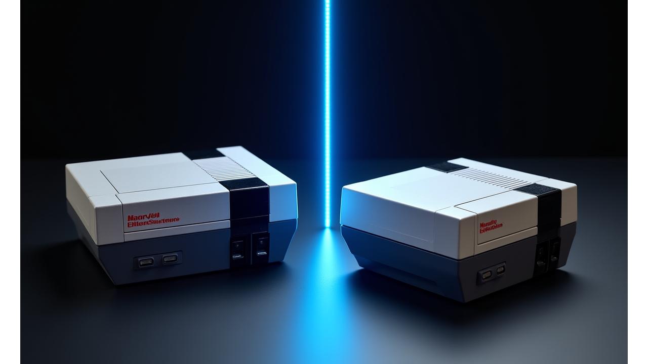 Before and after of a restored classic Nintendo Entertainment System (NES) console, showing a significant transformation from damaged to pristine condition.